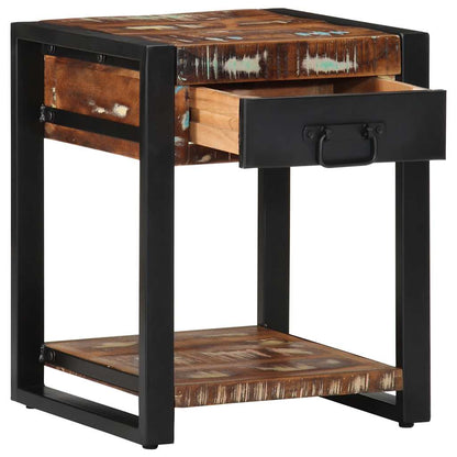 The side table with its drawer pulled out, showing the interior space