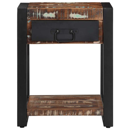 The multicoloured reclaimed wood side table with black metal frame, front view