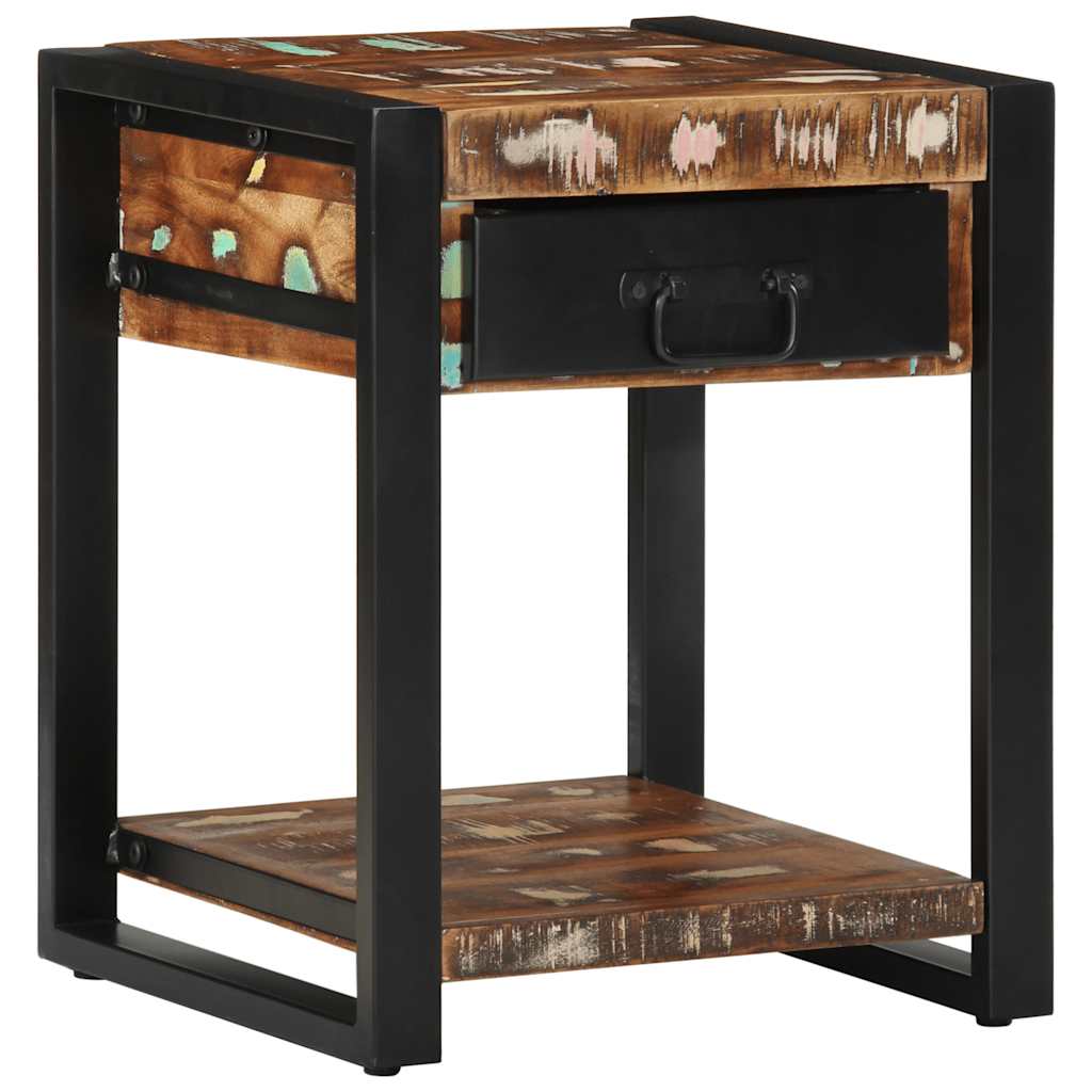 vidaXL Side Table Multicolour Solid Wood Reclaimed showing the front with a drawer and a shelf