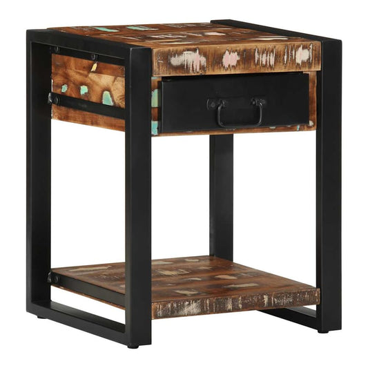vidaXL Side Table Multicolour Solid Wood Reclaimed showing the front with a drawer and a shelf