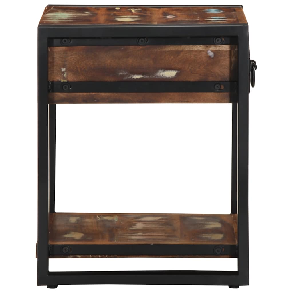 Rear view of the multicoloured reclaimed wood side table with black metal frame
