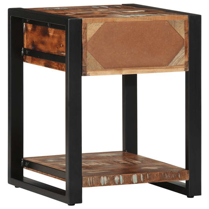 Side view of the multicoloured reclaimed wood side table with black metal frame