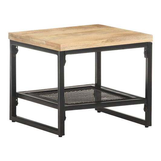 Side Table Solid Mango Wood with a square wooden top and a metal shelf underneath