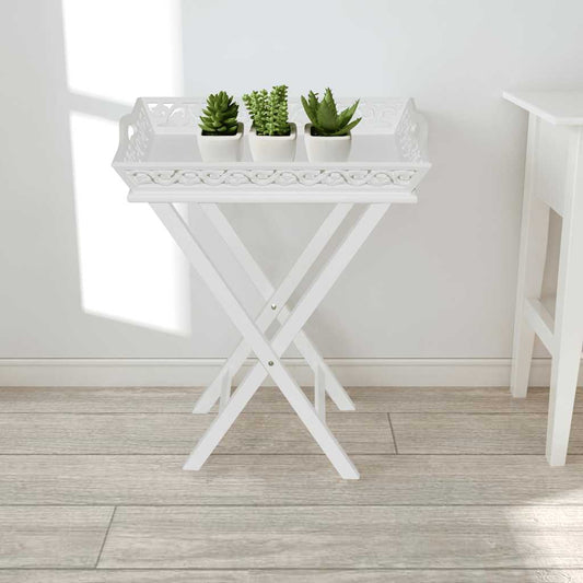vidaXL Side Table with Tray White, a white tray table with decorative cut-out edges and a folding base