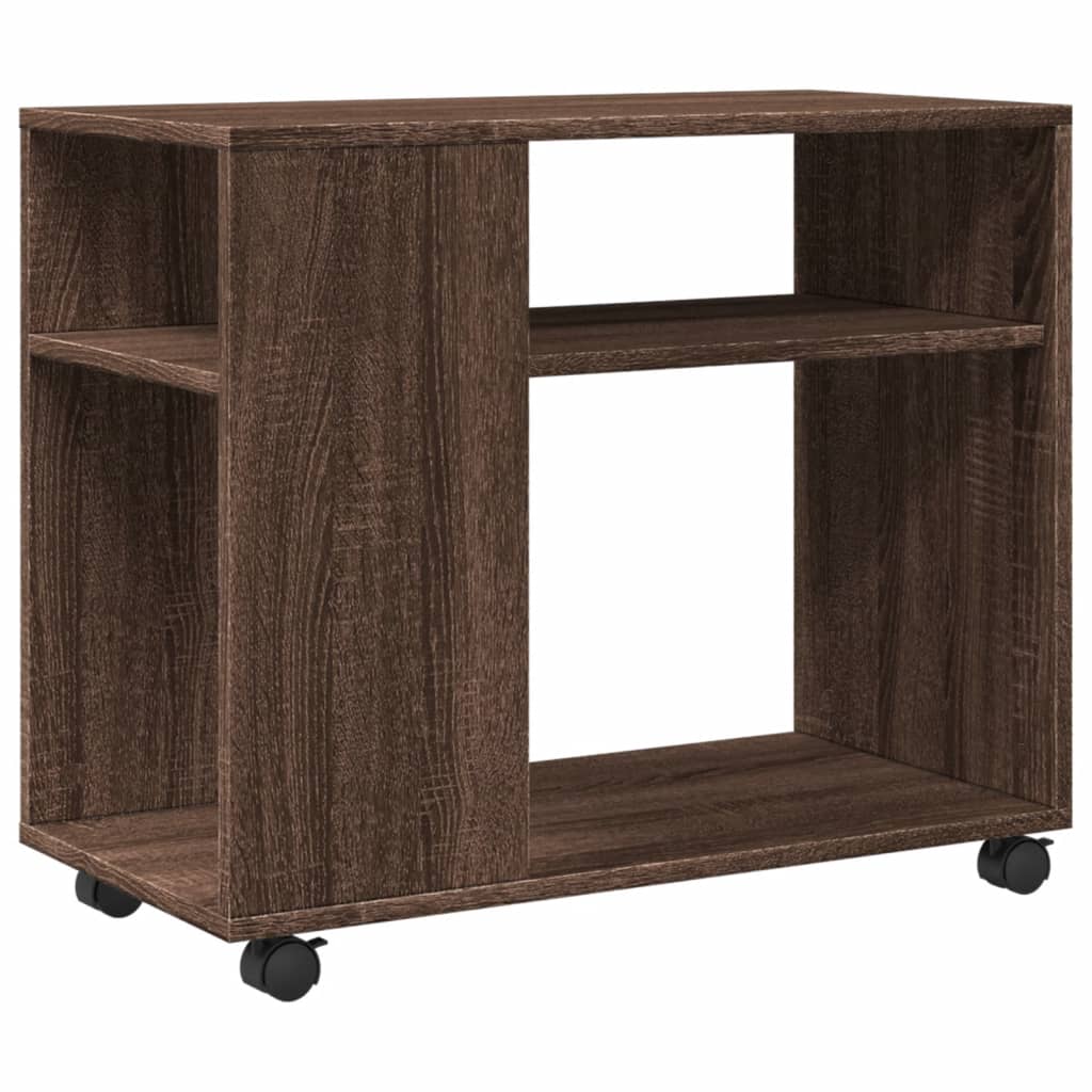The brown oak engineered wood side table with wheels is shown from the front