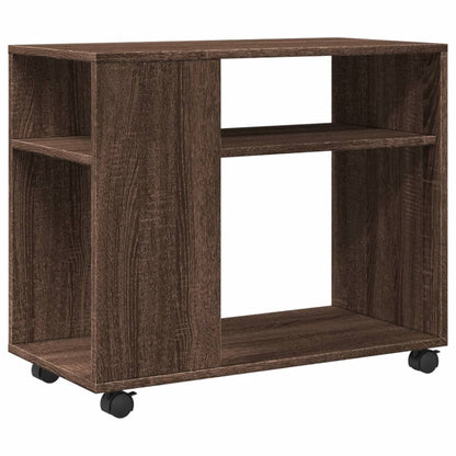 The brown oak engineered wood side table with wheels is shown from the front