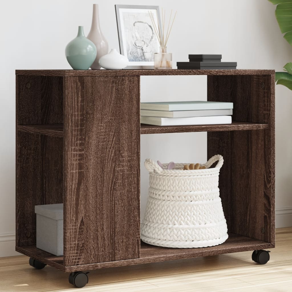 vidaXL Side Table with Wheels Brown Oak Engineered Wood with storage shelves and wheels