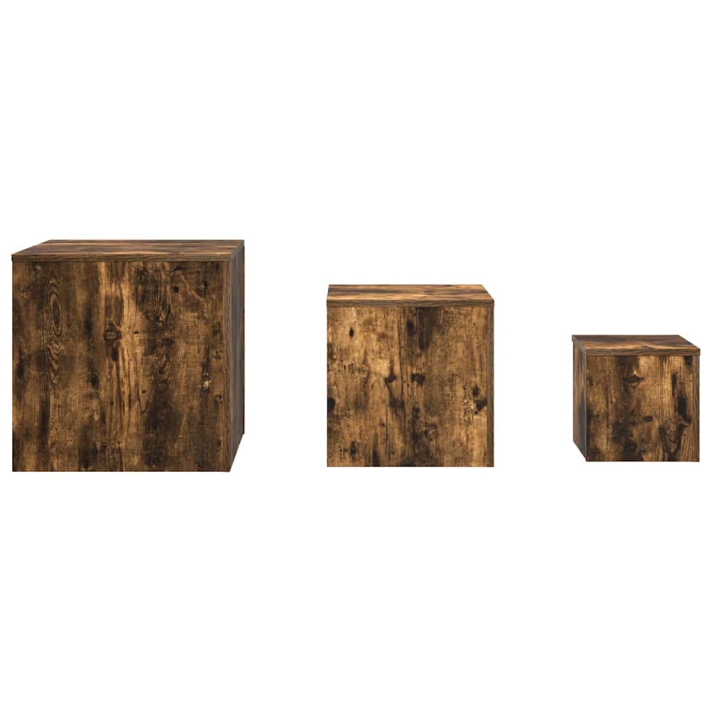 Three cube side tables with a rustic wood grain effect, shown from the front