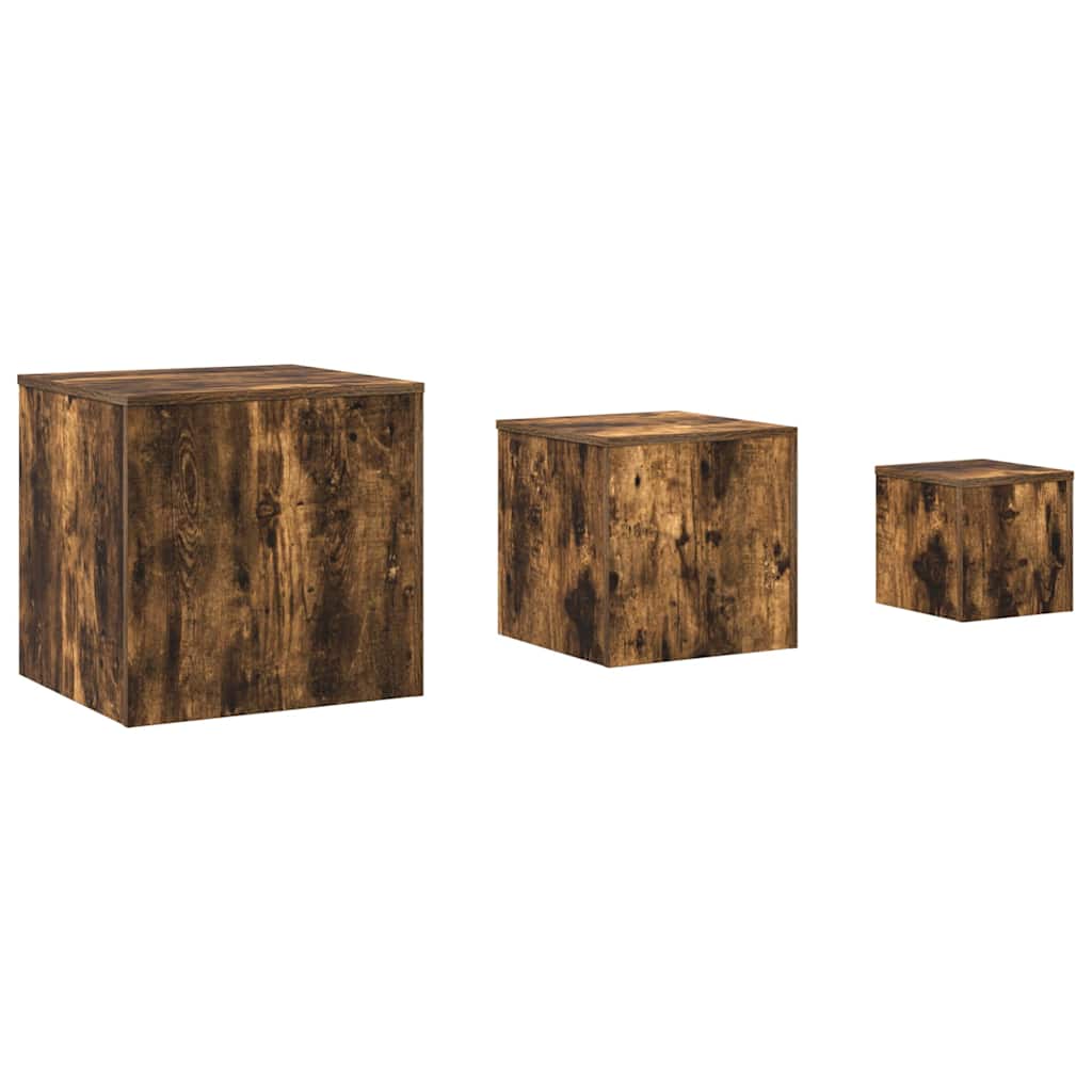 Three cube side tables of varying sizes, all with a smoked oak engineered wood finish