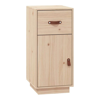 A narrow solid wood pine cabinet with a single drawer and a single door, showing the natural wood grain