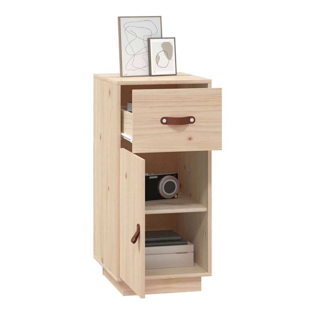 The solid wood pine cabinet with its drawer and door open, showing the interior shelves and contents
