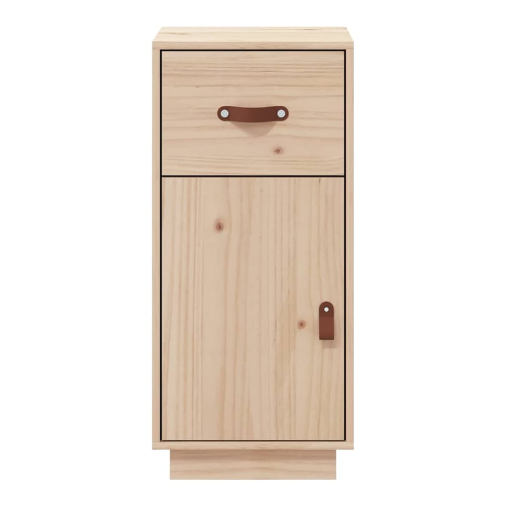 A narrow solid wood pine cabinet with a single drawer and a single door, presented against a white background