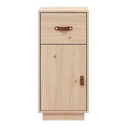 A narrow solid wood pine cabinet with a single drawer and a single door, presented against a white background