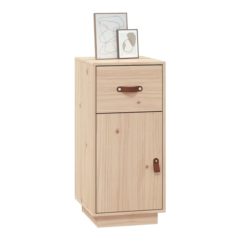 A narrow solid wood pine cabinet with a single drawer and a single door, placed in a room setting