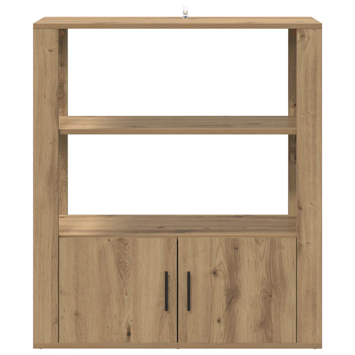 the oak sideboard viewed directly from the front showing the symmetrical shelf layout