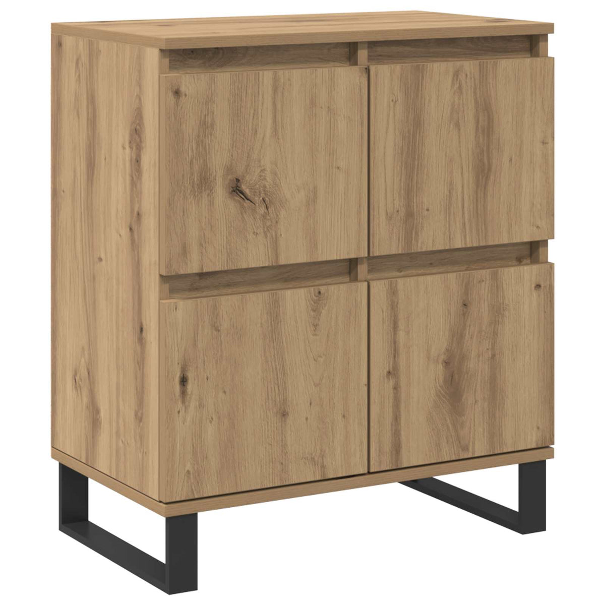 The wooden sideboard with four doors standing on black metal legs against a white background