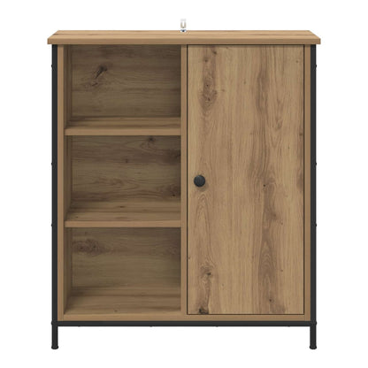 Buffet and sideboard with a closed cabinet door and open shelves