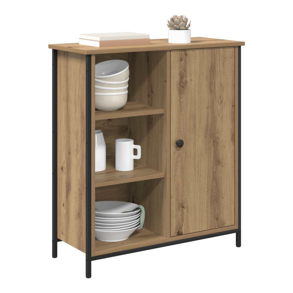 Buffet and sideboard with stacked bowls and mugs on the shelves