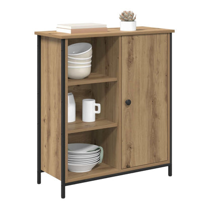 Buffet and sideboard with stacked bowls and mugs on the shelves