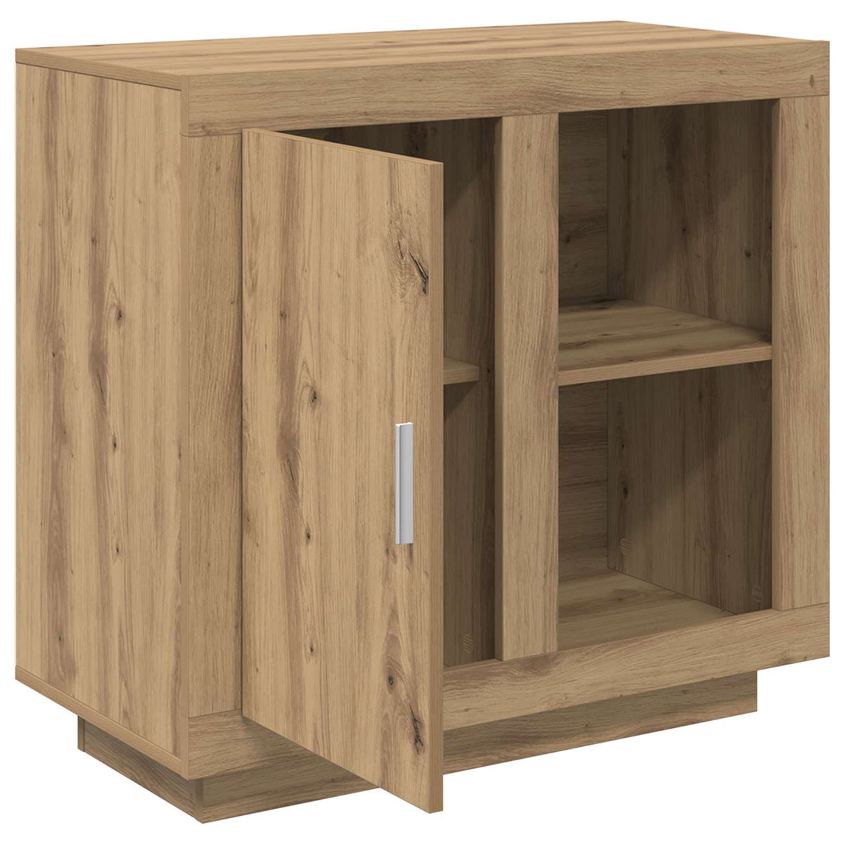 The buffet and sideboard door is open, revealing the interior shelves