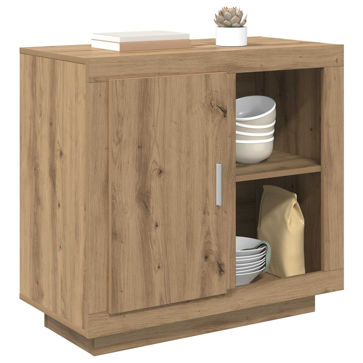 The buffet and sideboard is shown with items stored inside, including bowls and a bag