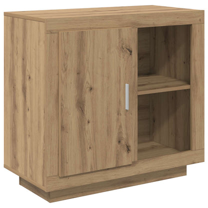 The buffet and sideboard has a natural wood grain finish and a silver handle