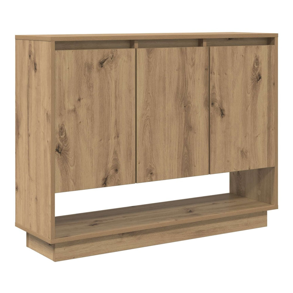 Sideboard with three doors and a shelf below, showing the artisan oak finish