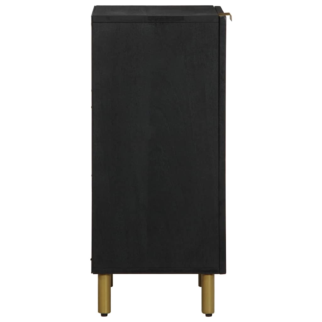 Side view of the black engineered wood cabinet on gold legs