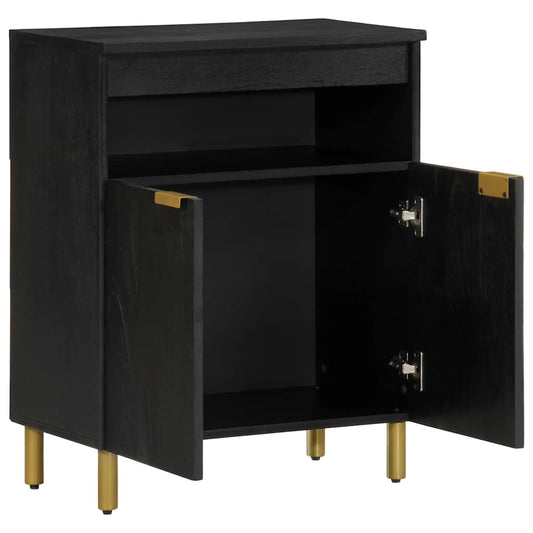 The black sideboard with both cabinet doors open revealing the interior storage space