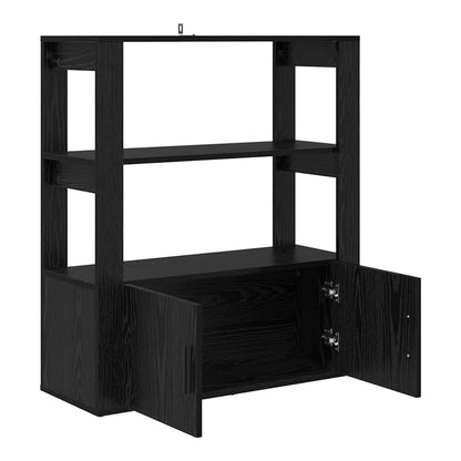 The cabinet doors of the sideboard are open showing storage space