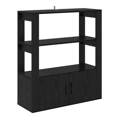 Black oak engineered wood sideboard with two open shelves and a closed cabinet