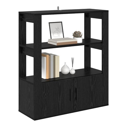 The sideboard with books and decorative items on the shelves