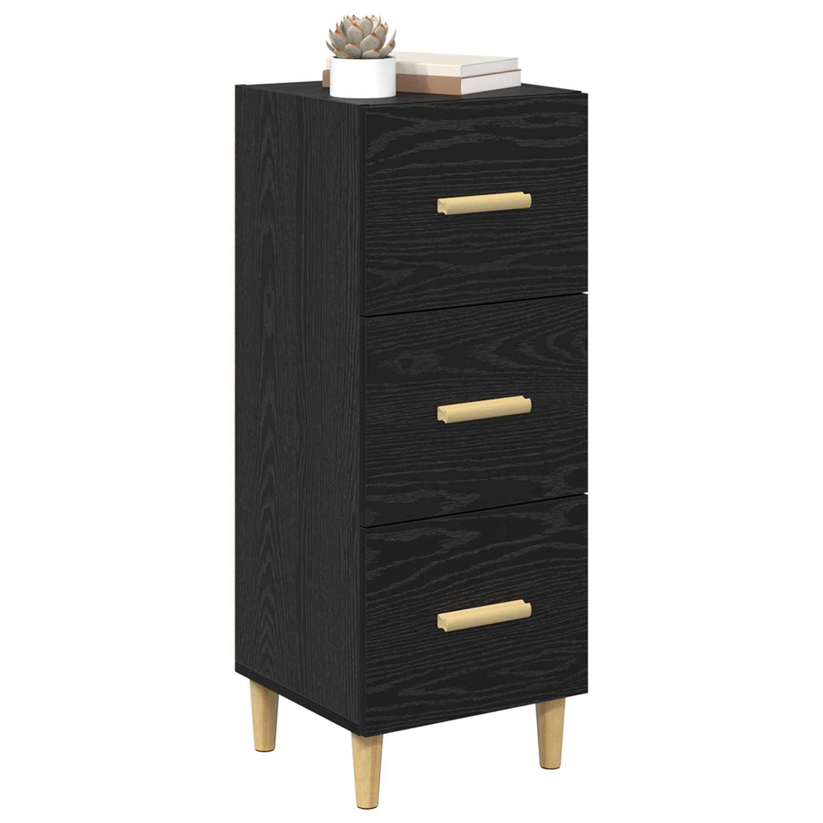 The black sideboard featuring three drawers with gold handles and a small plant on the top