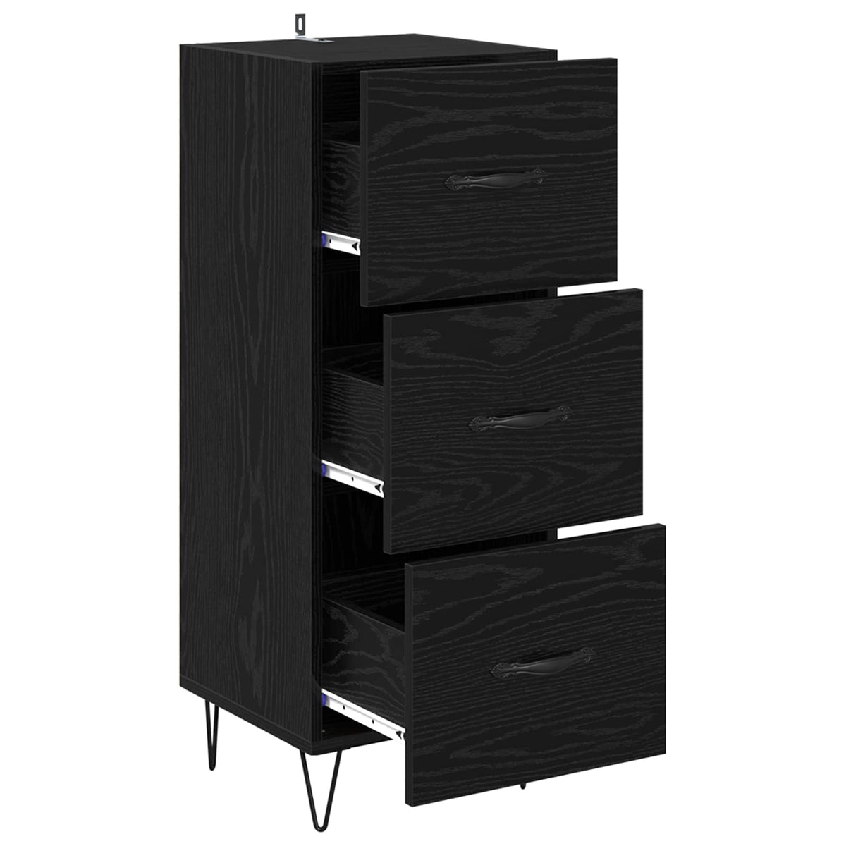 The black oak sideboard with its three drawers open, showing the interior and runners