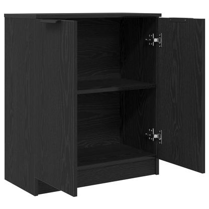 The black sideboard with both cabinet doors open revealing internal shelving