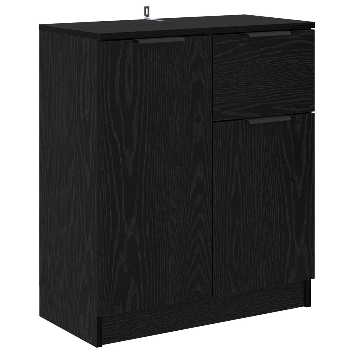 Black oak sideboard with two doors and one drawer, angled view