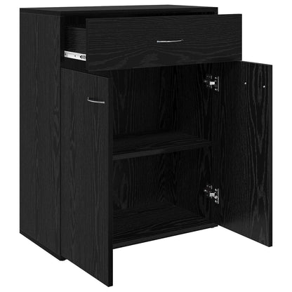 The black sideboard with the top drawer and two cabinet doors open