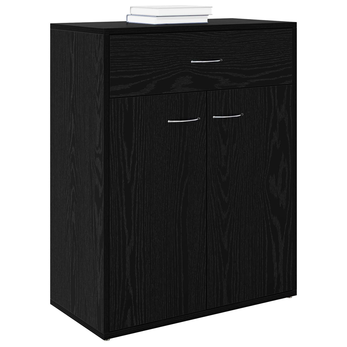 The black sideboard with two books placed on top against a plain background