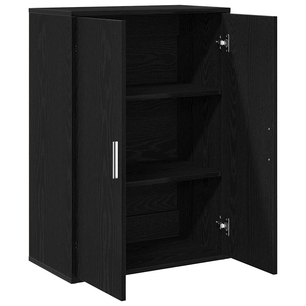The open cabinet reveals three shelves inside the black oak sideboard