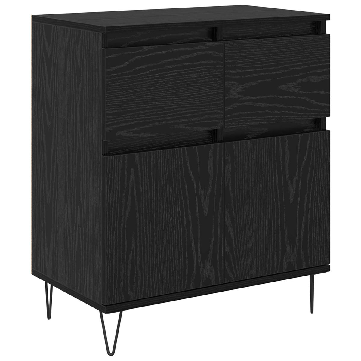 The black sideboard with a wood grain finish standing on thin metal hairpin legs