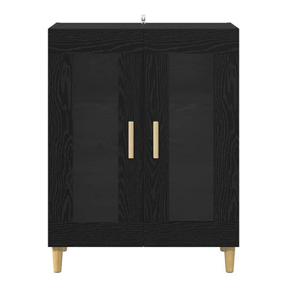 A front view of the black oak sideboard with its doors closed and wooden handles