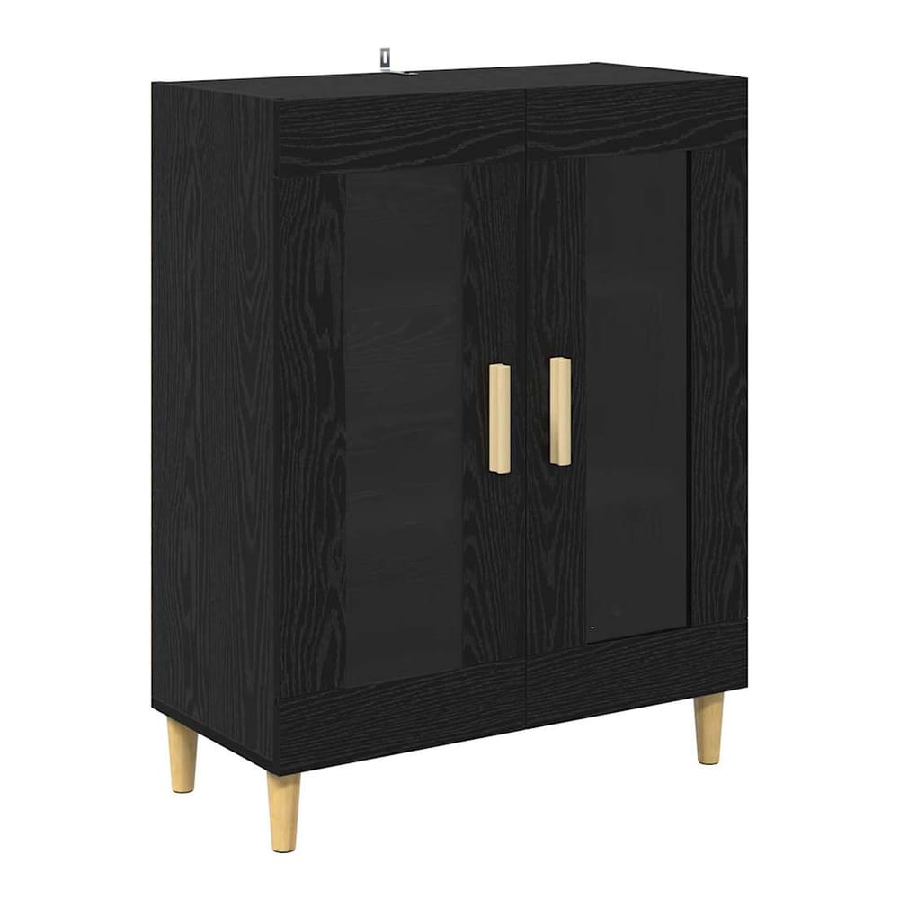 The black oak sideboard with two doors and wooden handles, standing on four tapered legs