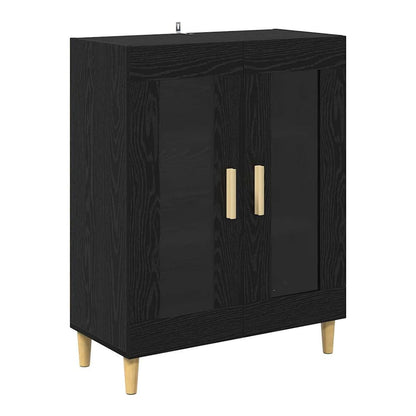 The black oak sideboard with two doors and wooden handles, standing on four tapered legs
