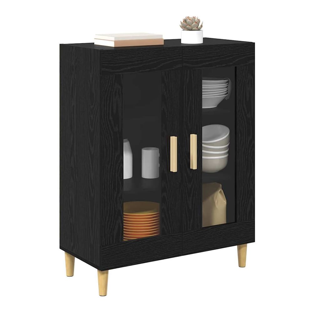The black oak sideboard with glass doors, displaying crockery and books on its shelves