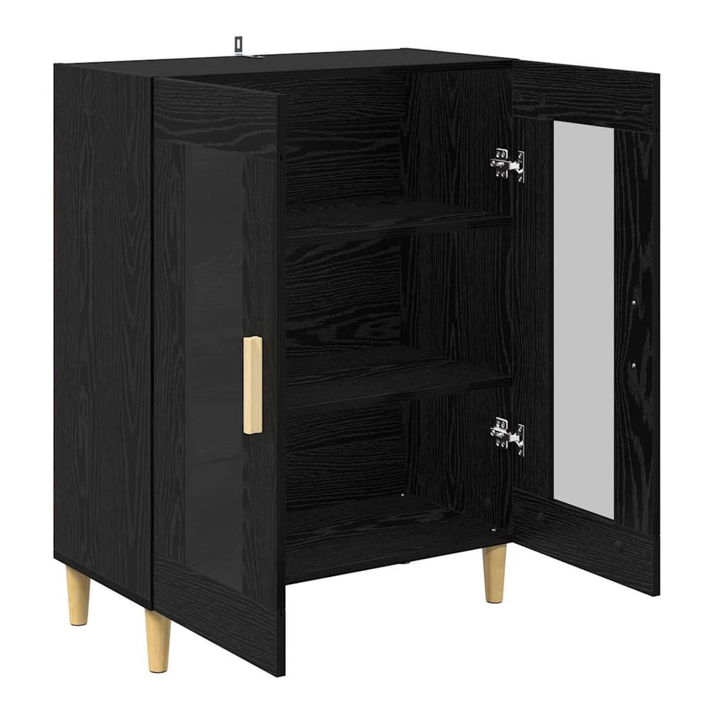 The open black oak sideboard revealing two shelves and a mirrored back panel