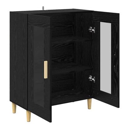 The open black oak sideboard revealing two shelves and a mirrored back panel