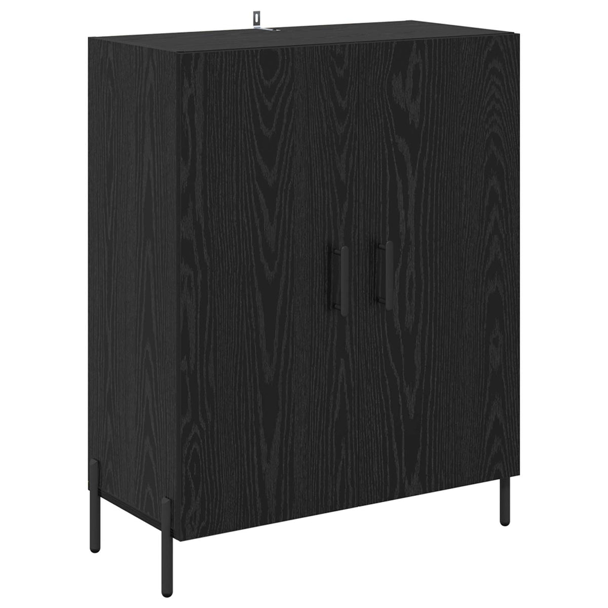 The black sideboard with two doors and thin metal legs on a plain white background
