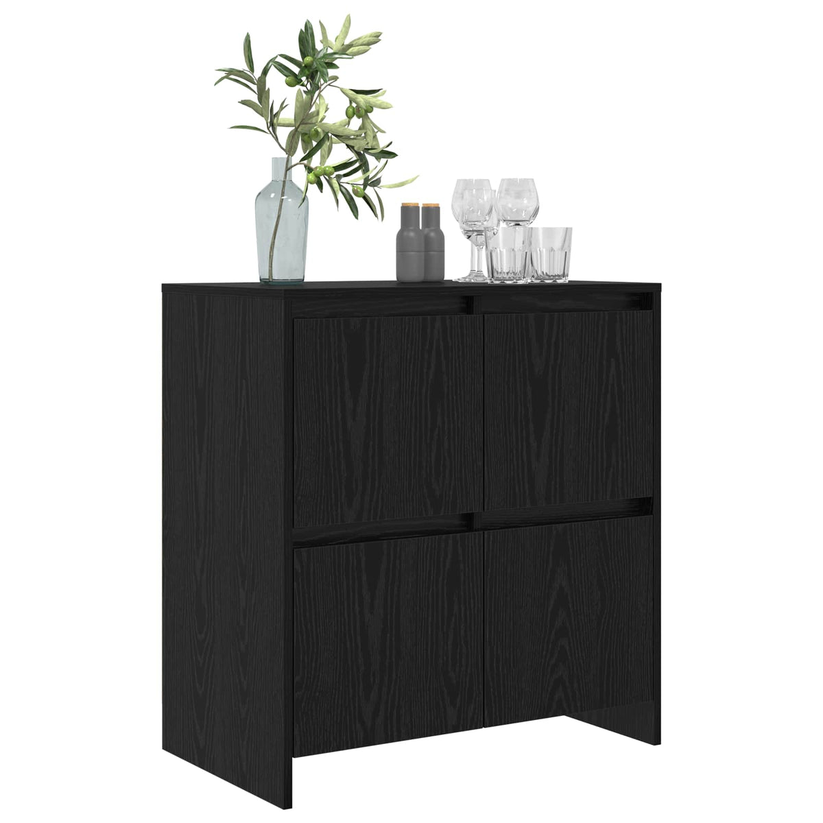the black oak sideboard, a cabinet with a wood grain texture and decorative items on top