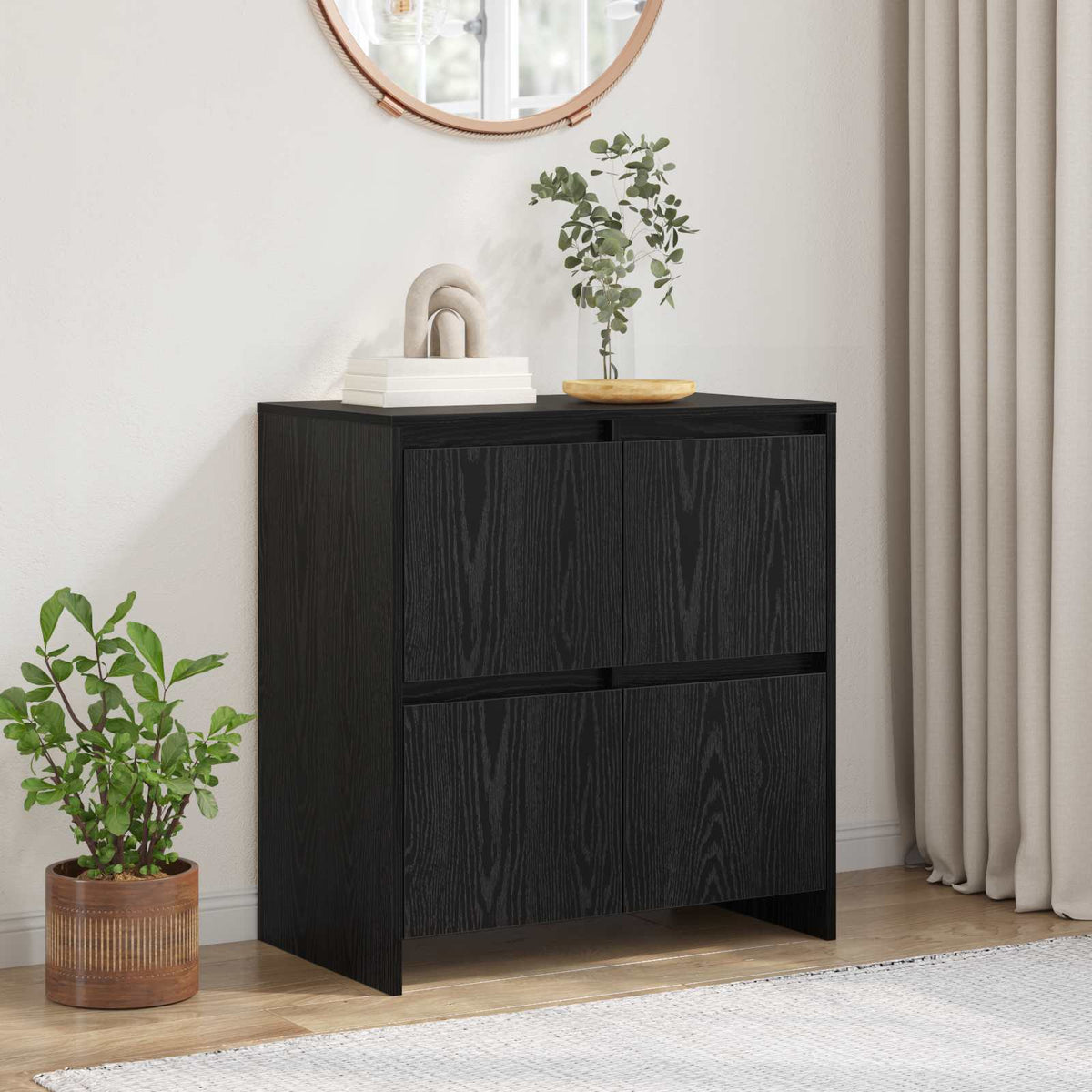 vidaXL Sideboard Black Oak Engineered Wood, a black wooden cabinet with four doors