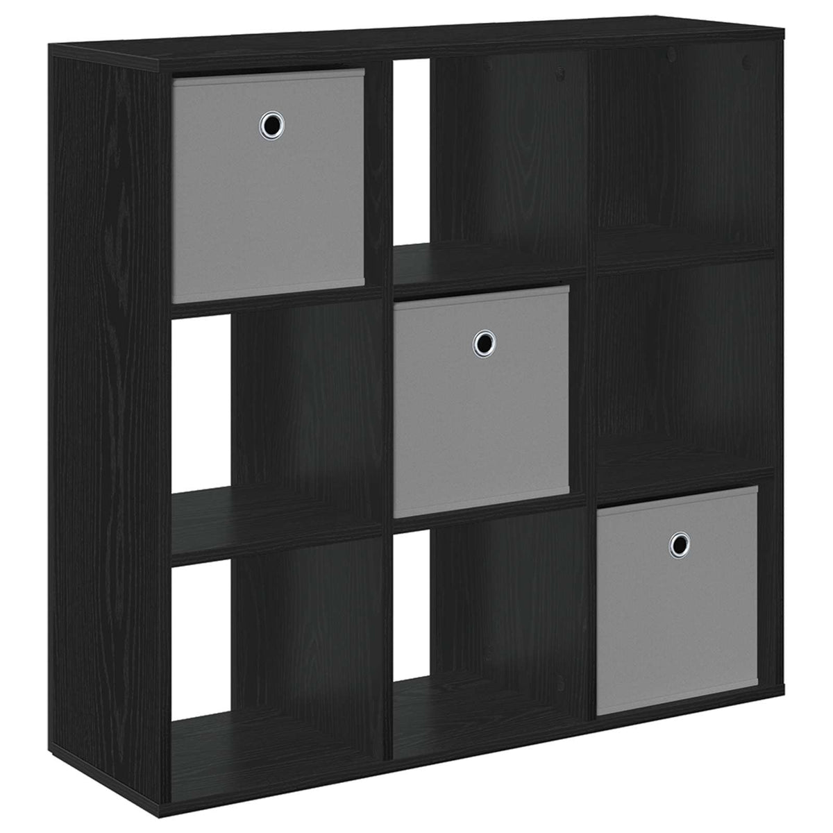 Black oak sideboard with nine open storage cubbies and three grey fabric storage boxes